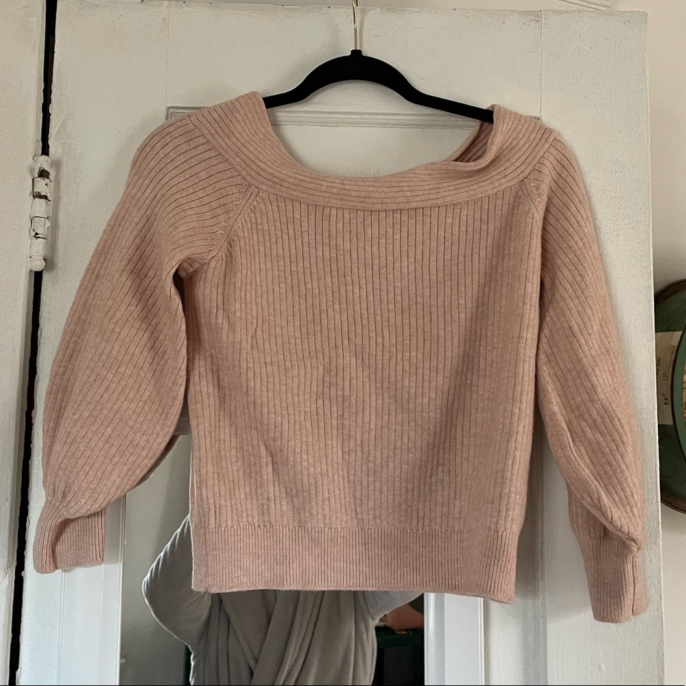 anthropologie boat neck/ off the shoulder light pink sweater